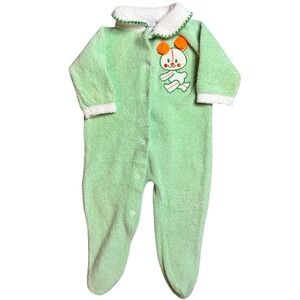 Vtg 70s Trimfit Sleeper‎ Terry Cloth Green Mouse Applique Baby Small 0-15 Lbs